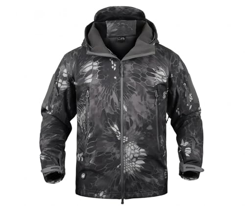 NXDRS Militärische taktische Jacke für Herren, Softshelljacke, Jagdmantel, mit Kapuze, Skijacken, Fleece-Wintermantel (Black Python,L) von NXDRS