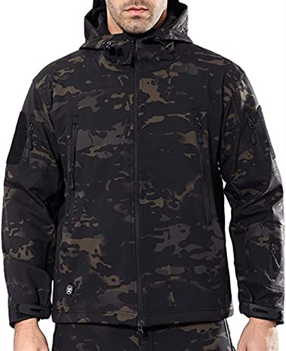 NXDRS Militärische taktische Jacke für Herren, Softshelljacke, Jagdmantel, mit Kapuze, Skijacken, Fleece-Wintermantel (CP Black,2XL) von NXDRS