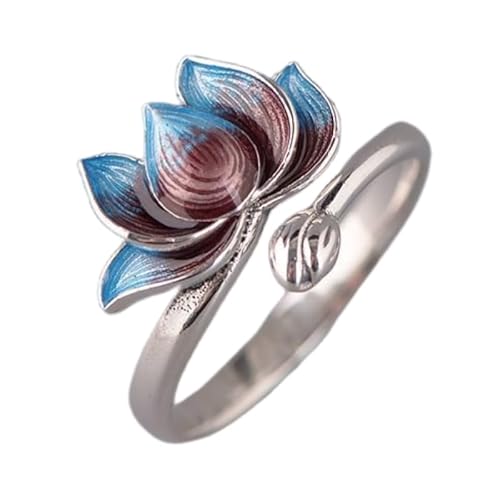 Frauen Sterling Silber Silber Simple Open verstellbare Ringe, Retro Burnt Blue Lotus Blumenband Schmuck für Hochzeit Ewigkeit Versprechen Dinnerparty Finger Circlet Geschenk von NXNONEPD