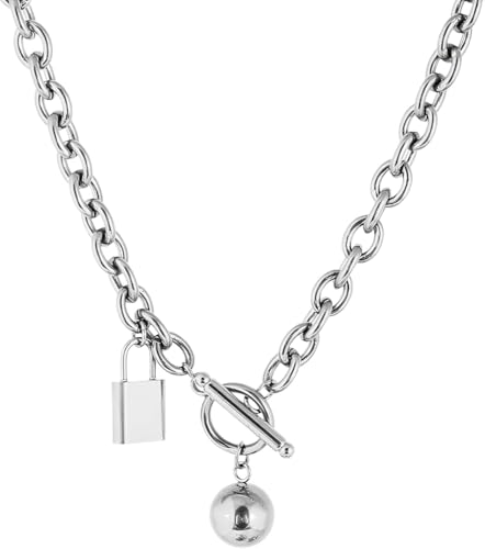 NXNONEPD Halskettenzubehör umschalten für Männer und Frauen, Sterling Silber Hip Hop Kubaner Link Kette T Bar Verschluss langer Anhänger Charm Choker Halskette, Lock Key Schmuck von NXNONEPD