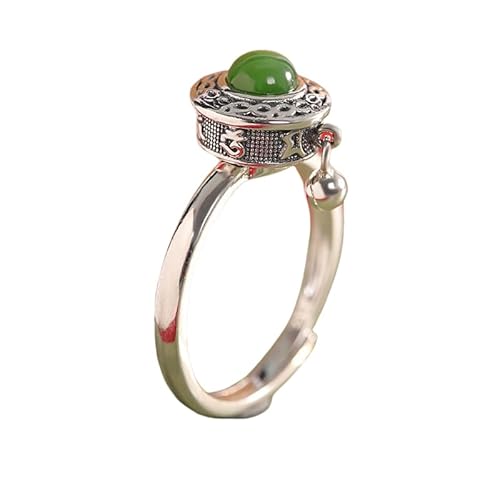 Sterling Silber Silber Verstellbarer Ring für Frauen, Retro Distressed Gebetsrad mit grünem Jasper exquisiten Band Schmuck für Hochzeitsversprechen Finger Circlet Geschenk von NXNONEPD