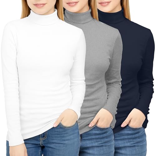 NY Threads 3er-Pack Damen-Langarm-Tops mit Rollkragen, schmale Passform, Thermo-Unterhemden, Dblue-white-lgrey, Large (Pack of 3) von NY Threads