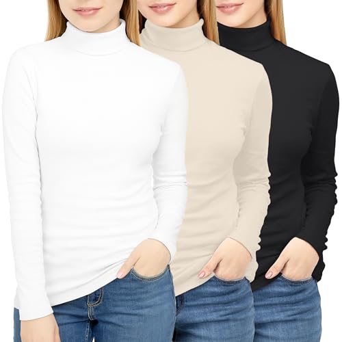 NY Threads 3er-Pack Damen-Langarm-Tops mit Rollkragen, schmale Passform, Thermo-Unterhemden, Schwarz-Weiß-Beige, X-Large (Pack of 3) von NY Threads