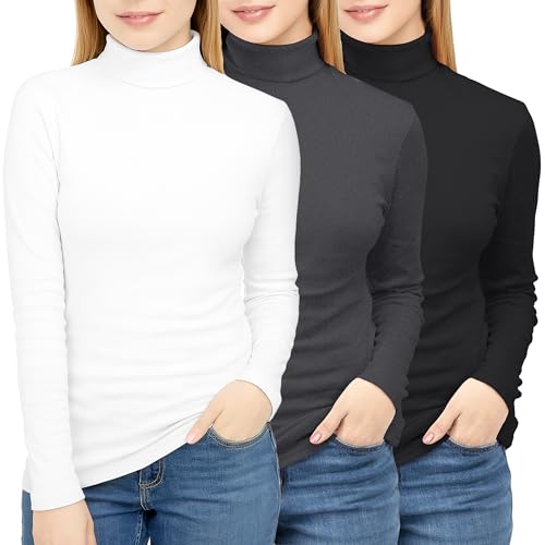 NY Threads 3er-Pack Damen-Langarm-Tops mit Rollkragen, schmale Passform, Thermo-Unterhemden, schwarz-weiß-grau, X-Large (Pack of 3) von NY Threads