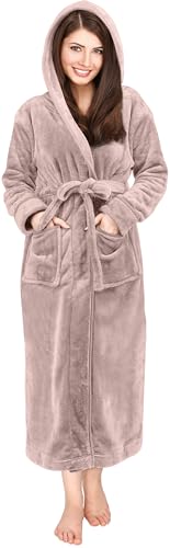 NY Threads Damen Fleece-Bademantel mit Kapuze – Plüsch, langer Bademantel, Taupe, X-Large von NY Threads