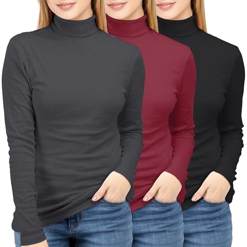 NY Threads 3er-Pack Damen-Langarm-Tops mit Rollkragen, schmale Passform, Thermo-Unterhemden, Schwarz-Rot-Grau, X-Large (Pack of 3) von NY Threads