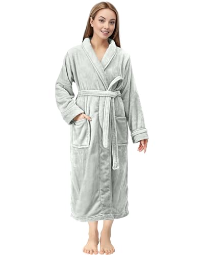 NY Threads Premium Damen Bademantel Plüsch Weich Lang Warm Fleece Schalkragen Spa Robe, Hellgrau, X-Large von NY Threads