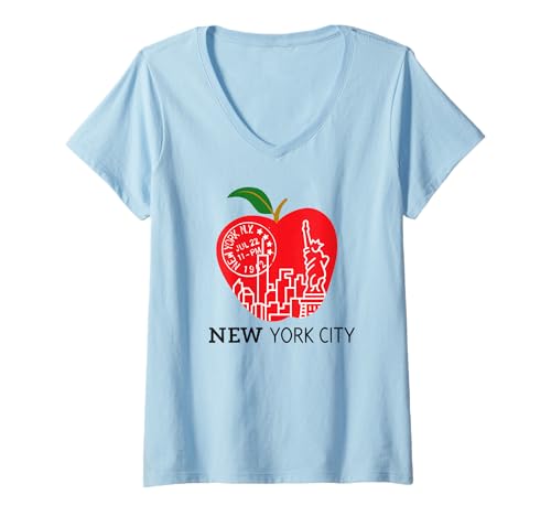 Damen New York City Apfel Skyline Freiheitsstatue T-Shirt mit V-Ausschnitt Damen New York City Apfel Skyline Freiheitsstatue T-Shirt mit V-Ausschnitt von NYC Apple Artwork Urban Travel Design