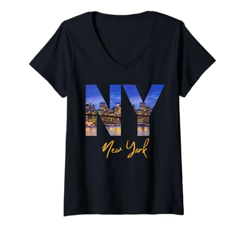 Damen New York City Manhattan Souvenir Frauen USA American City Herren T-Shirt mit V-Ausschnitt von NYC Night Lights Graphic City Vacation NY Pride