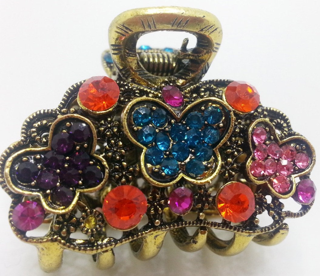 Antik Gold Schmetterling Multi Color Kristall Strass 1 1/2'' Haarklemme von NYFashionAccessories