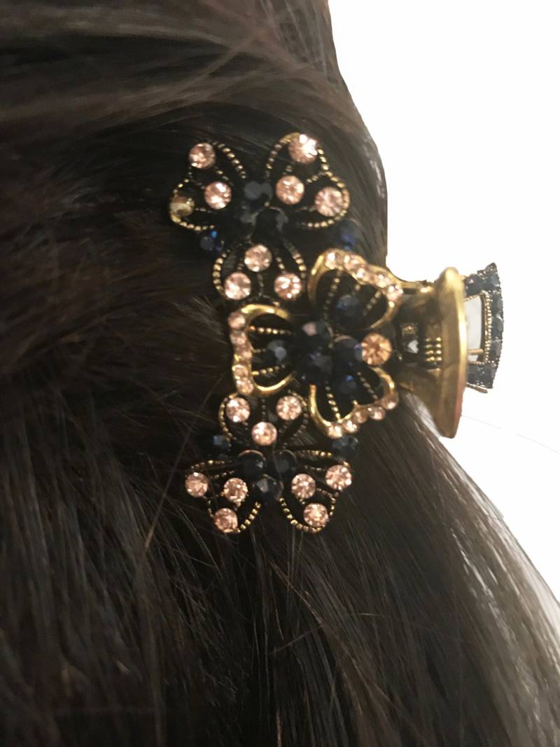 Neu Gold Floral Mit Saphir & Bernstein Kristall Strass 2'' Haarklemme Neu Gold Floral Mit Saphir & Bernstein Kristall Strass 2'' Haarklemme von NYFashionAccessories