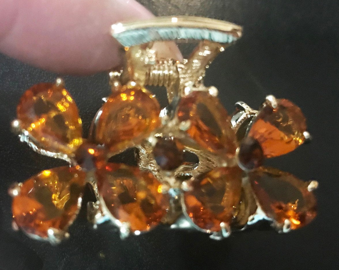 Neu Gold Mit Bernstein & Topas Kristall Double Floral 2'' Haarklemme von NYFashionAccessories