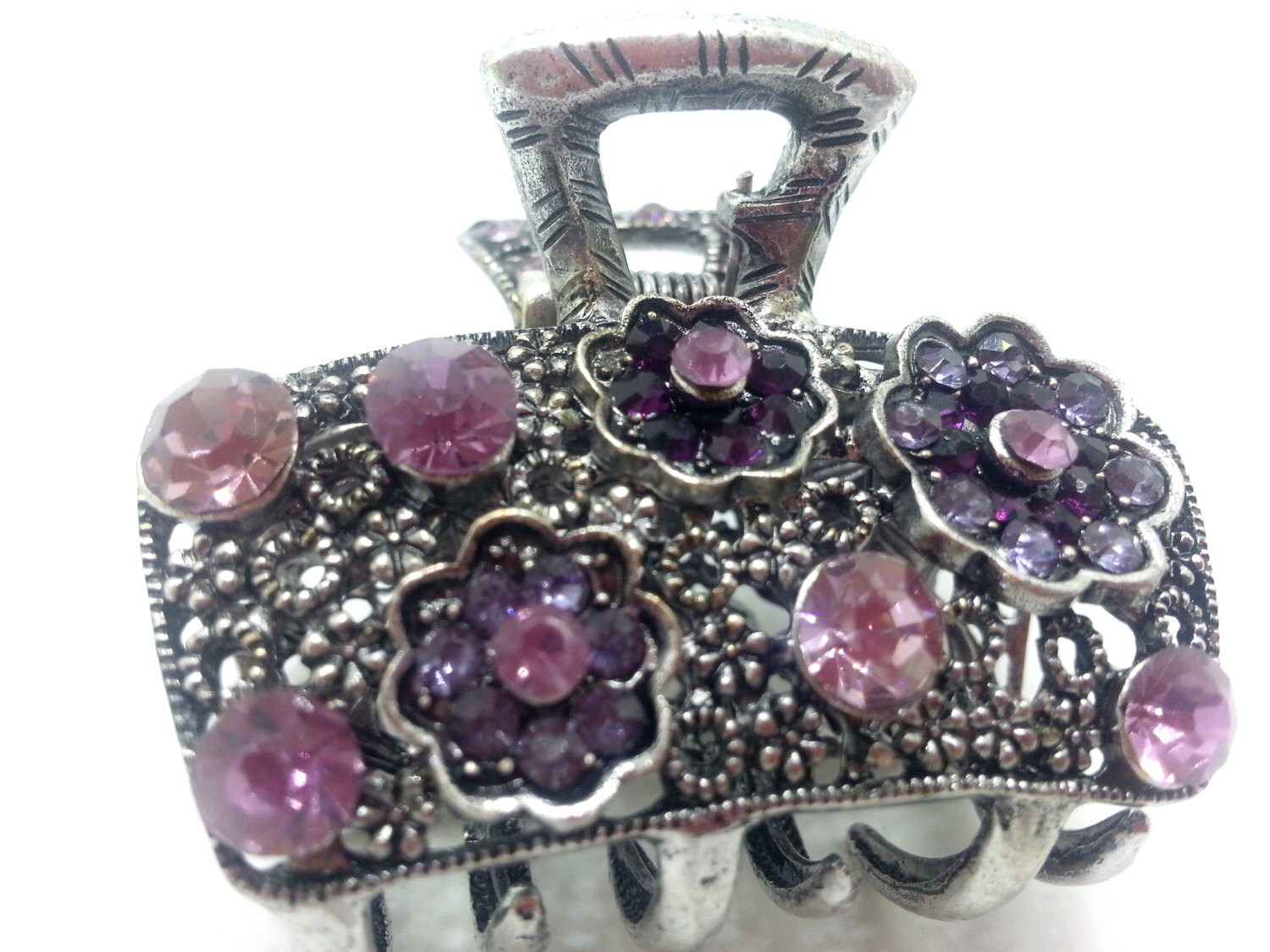 Neu Silber Amethyst Cz Strass Floral 1 1/2'' Haarspange Krallenclip von NYFashionAccessories