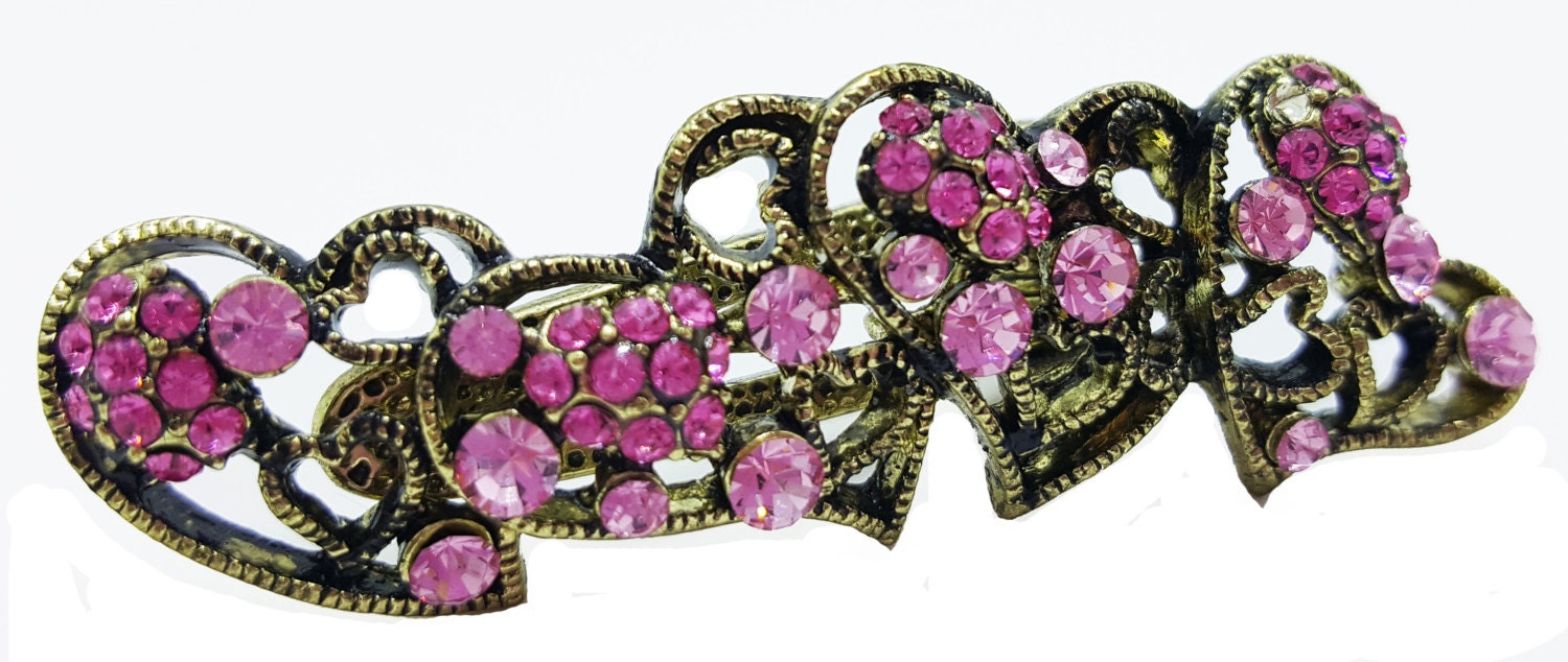 Neue Antik Gold Rose Double Heart Kristall Haarspang Clip von NYFashionAccessories