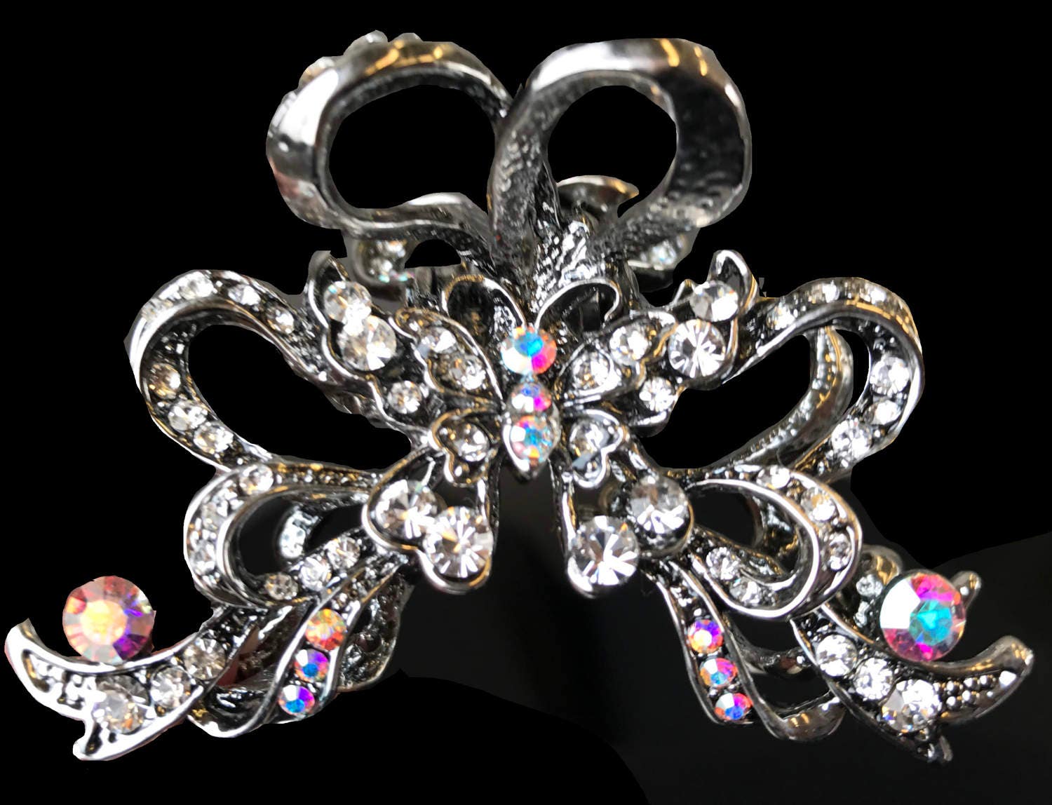 Neue Antike Silberschleife Mit Klarem & Irisierendem Strass 3'' Haarclip Krallen von NYFashionAccessories