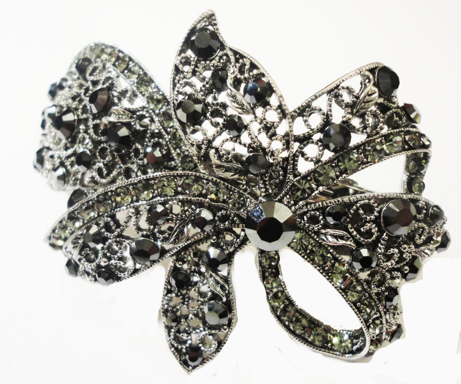 Neue Art-Deco-Antik Silber Schwarzer Kristall & Strass Haarspange 4 1/2 "' - Leverback von NYFashionAccessories