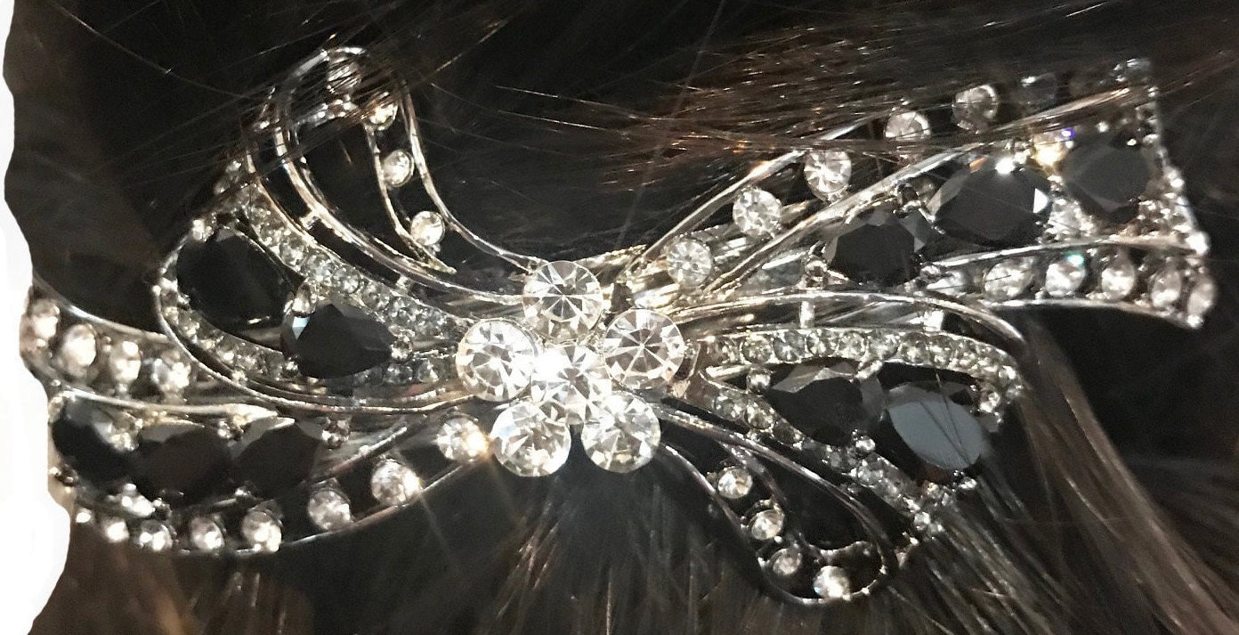 Neue Silber Klar Strass & Black Crystal Bow 3 1/2 "' Haarspange Lever Back von NYFashionAccessories