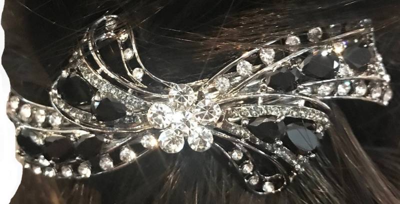 Neue Silber Klar Strass & Black Crystal Bow 3 1/2 "' Haarspange Lever Back Neue Silber Klar Strass & Black Crystal Bow 3 1/2 "' Haarspange Lever Back von NYFashionAccessories