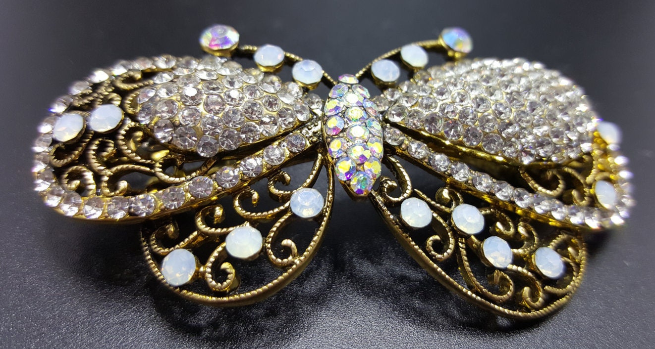 Neuer Antiker Gold Schmetterling Mit Cz Strass & Opal 3'' Haarkralle von NYFashionAccessories