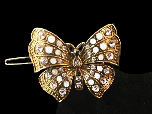 Neuer Antiker Gold Schmetterling Mit Elfenbein Opal Und Klarem Kristall 2' Barrette - Hebelrücken Neuer Antiker Gold Schmetterling Mit Elfenbein Opal Und Klarem Kristall 2' Barrette - Hebelrücken von NYFashionAccessories