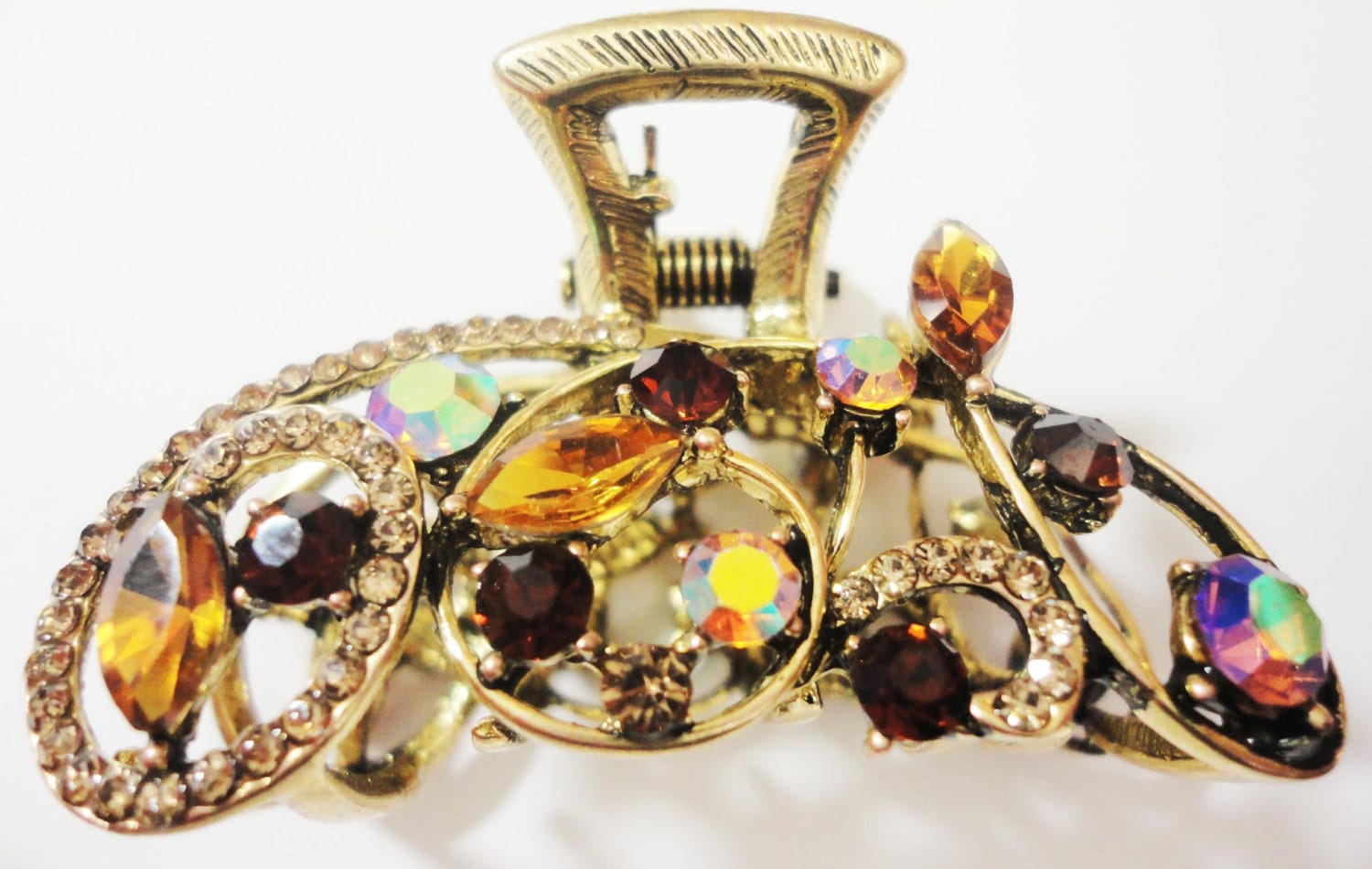 Neuer Gold Bernstein & Amethyst Kristall Mit Irisierendem Strass 1 1/2'' Haarkralle von NYFashionAccessories