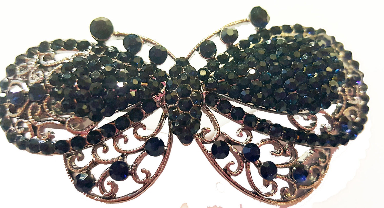 Neuer Saphir Und Strass Schmetterling "Art Deco" Antik Silber Metall 3'' Haarspange von NYFashionAccessories