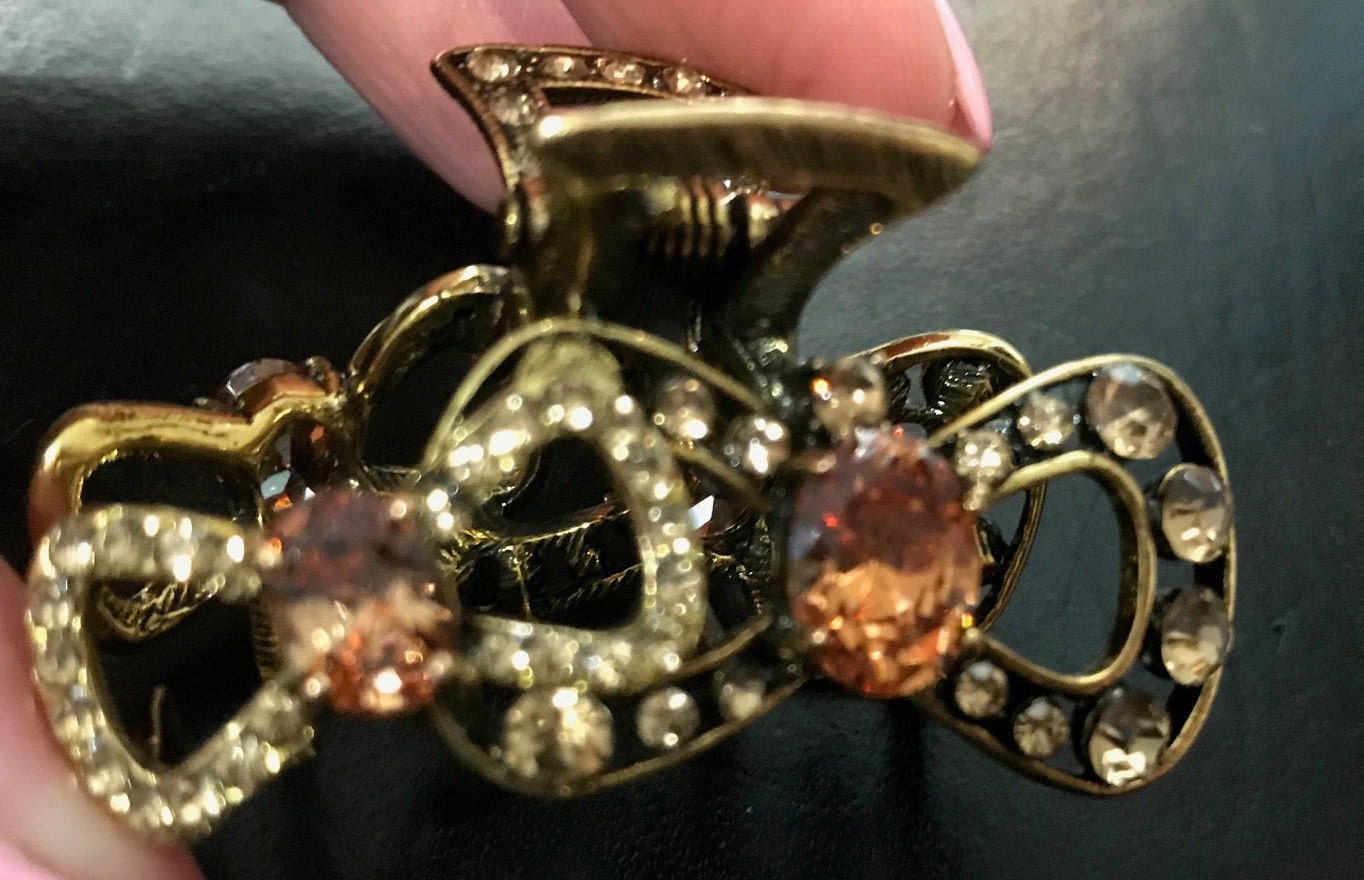 Neuer Topas & Bernstein Kristall Antik Gold Double Bow 2'' Haarklemme von NYFashionAccessories