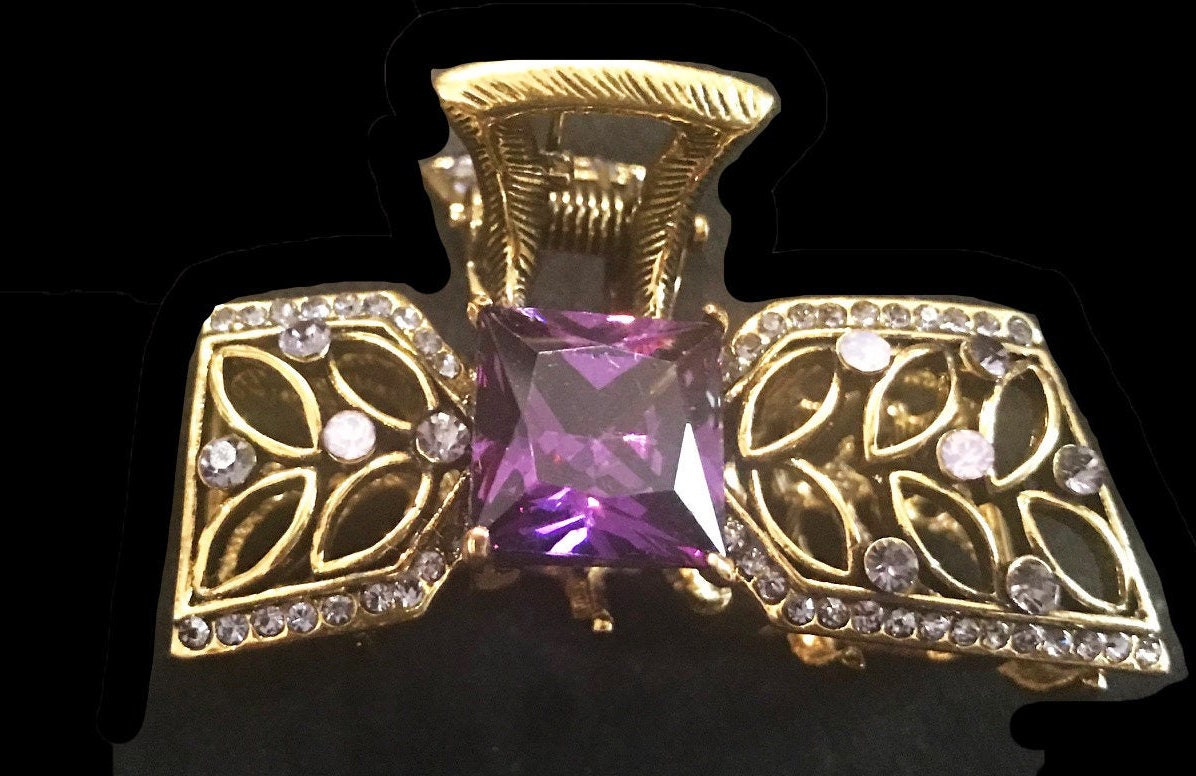 Neues Antikes Gold Mit Amethyst Kristall Cz & Strass 1 1/2'' Haarkralle von NYFashionAccessories