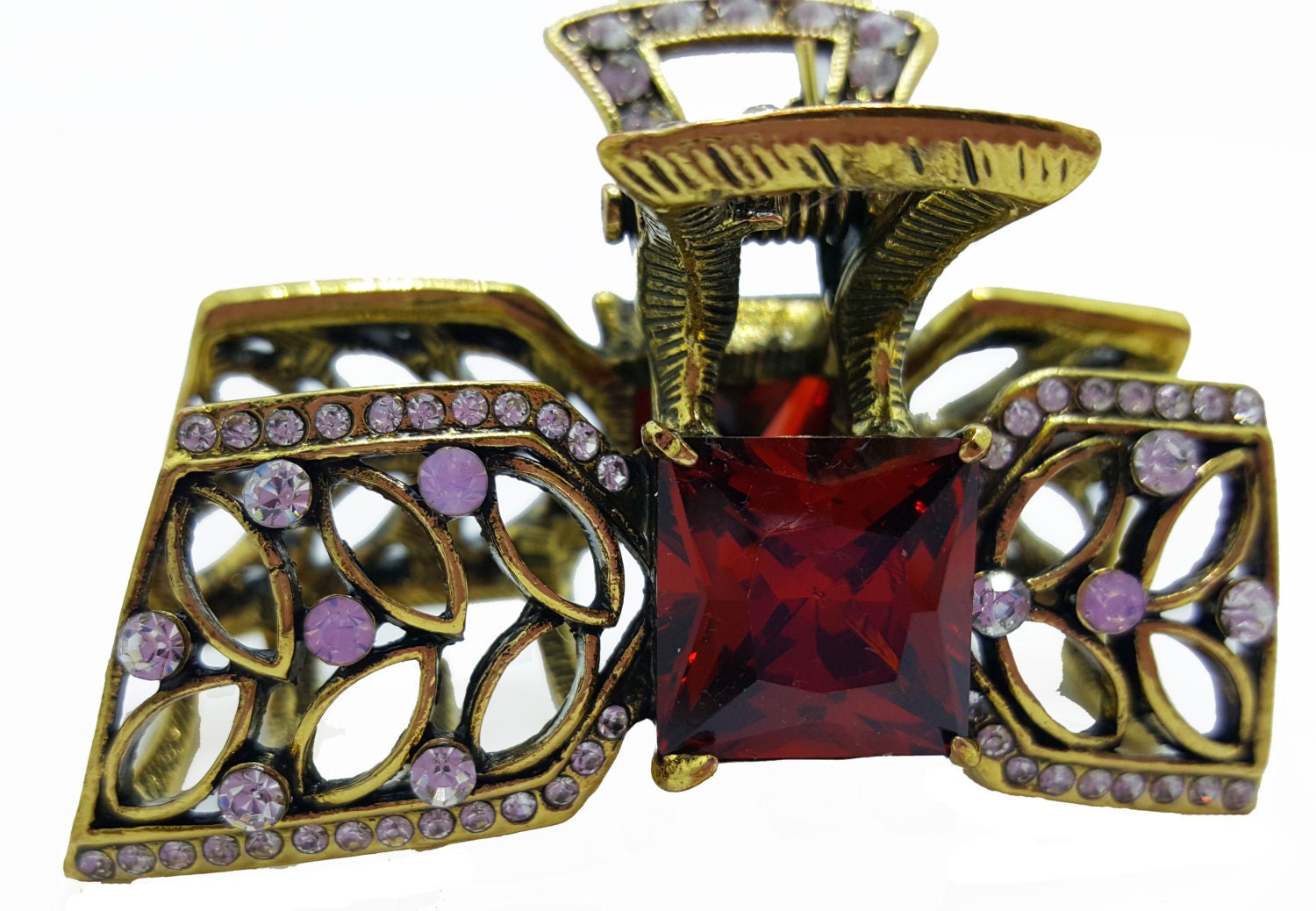 Neues Gold Mit Rotem Rubin Kristall Smaragdschliff Cz Crystal & Strass 2 1/2 Haarklemme von NYFashionAccessories