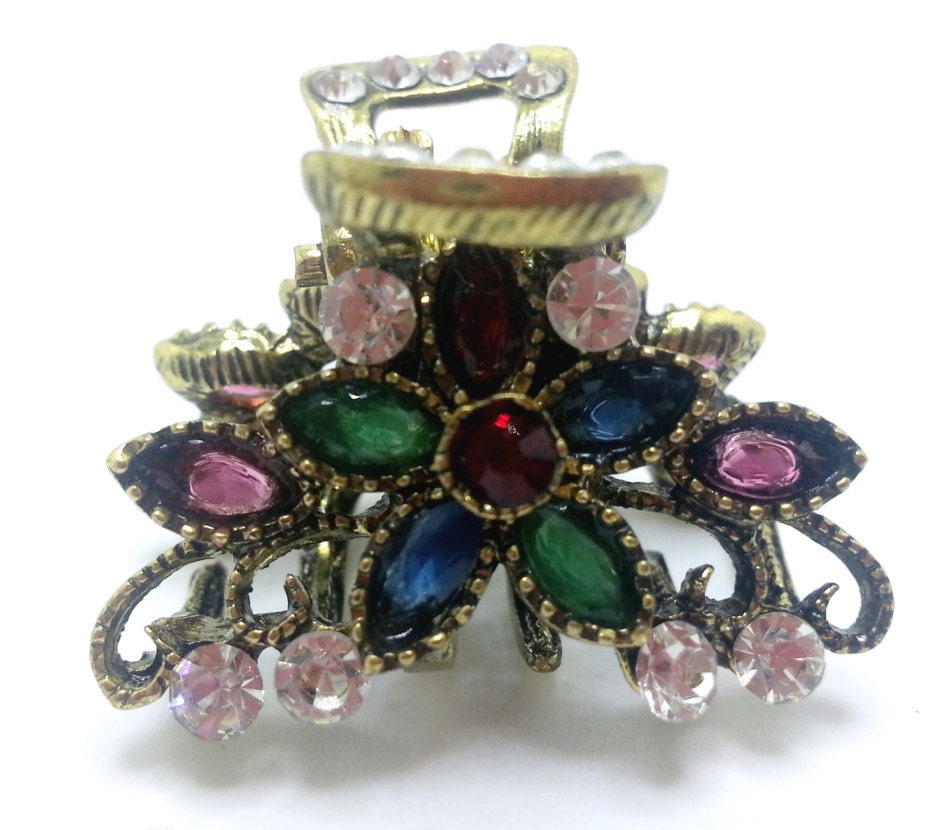 Neue Kleine Antikes Gold Mit Rubin Und Smaragd Cz Kristall Floral Strass 3/4 "'haarkralle Clip von NYFashionAccessories