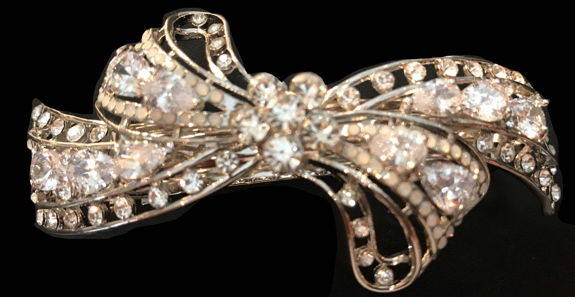 Neues Silber Mit Klarem Kristall & Strass Floral Schleife 3 1/2' Haarspange - Lever Back von NYFashionAccessories