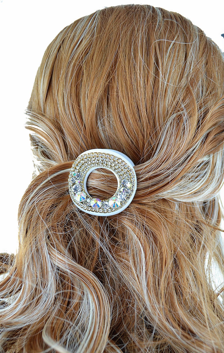 Neues Weiß Mit & Gold Irisierendem Strass Kristall 1 1/2' Haarklammer von NYFashionAccessories