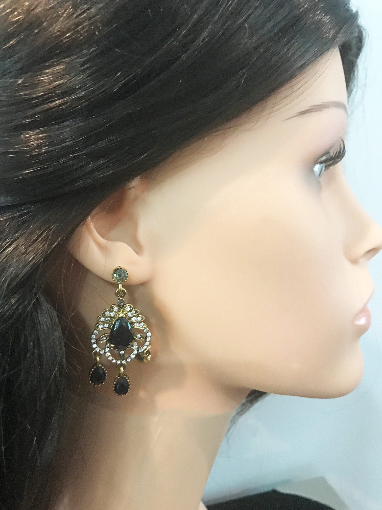 New Antique Gold Art Deco Saphir & Strass Tropfen Ohrhänger 2'' Pierced Ohrringe von NYFashionAccessories