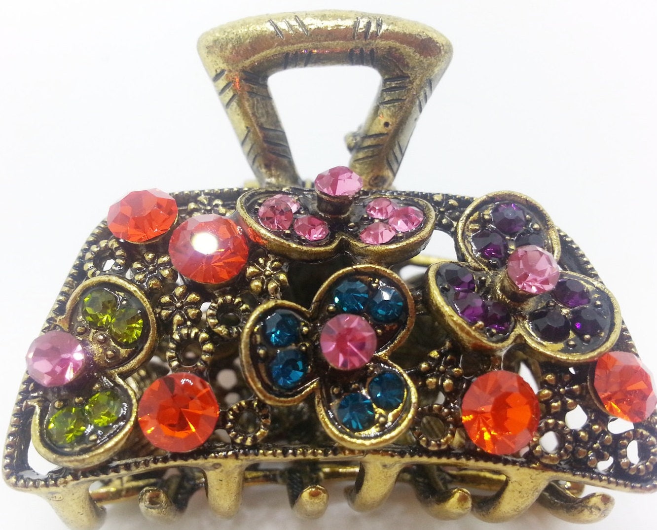 New Antique Gold Floral Multi Color Crystal Strass 1 1/2'' Haarklammer Clip von NYFashionAccessories