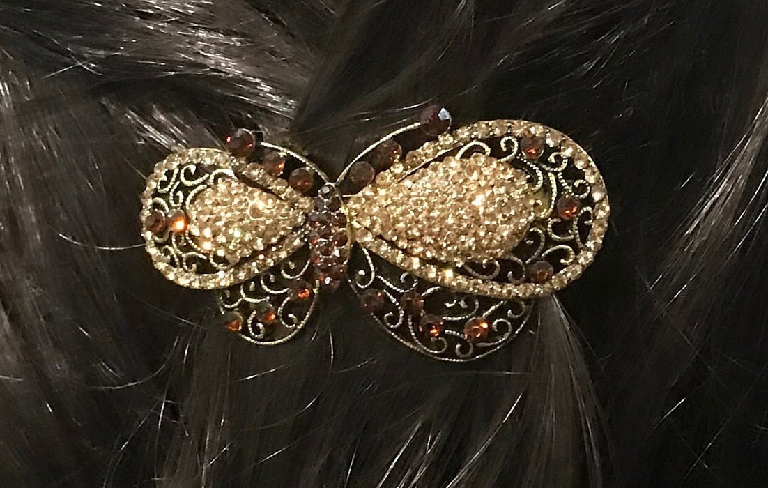 New Gold Mit Amber & Topaz Kristall Schmetterling 2 1/2 Haarspange - Lever Back von NYFashionAccessories