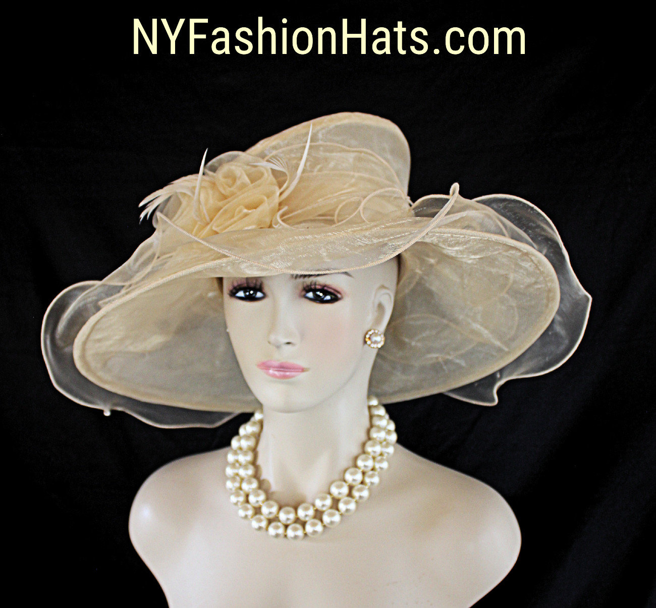 Beige Großer Rüschen Krempe Organza Hut, Formale Hochzeit Brautkleid Mutter Der Braut Hüte, Couture Designer Hüte By Nyfashionhats, Robin von NYFashionHats