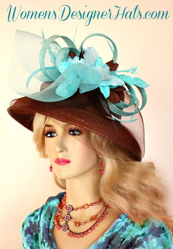 Braun Aqua Türkis Stroh Kentucky Derby Hut, Damen Designer Hüte von NYFashionHats