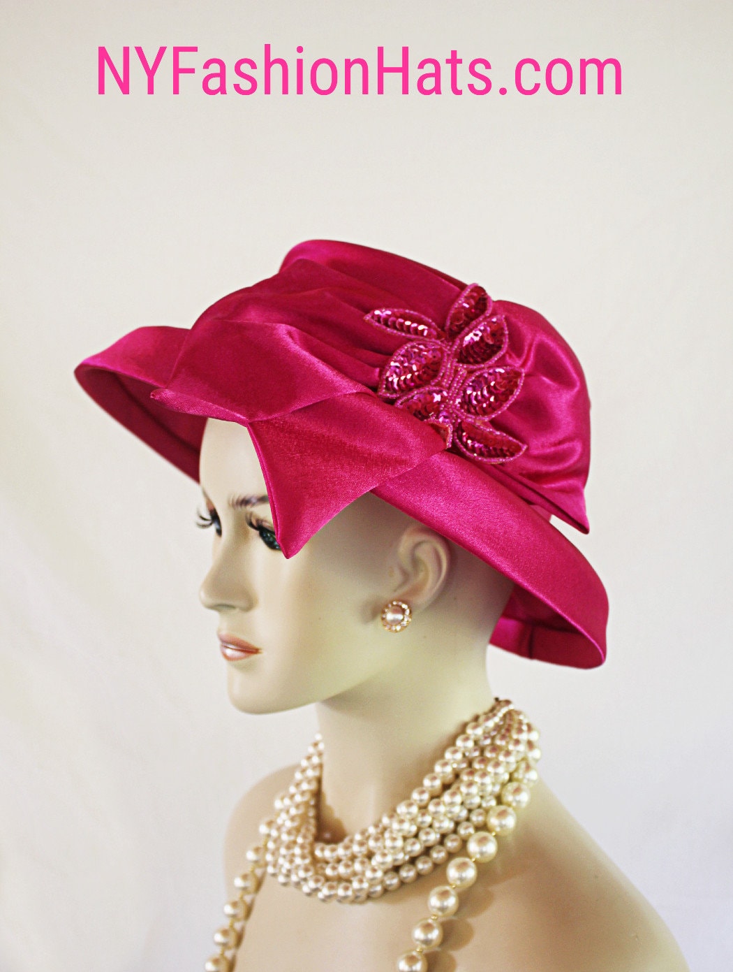 Damen Hot Pink Pailletten Designer Satin Kleid Hut, Eleganter Hochzeiten Kirche Formaler Sabbat Hüte Für Feiertage, Nyfashionhats Millinery von NYFashionHats