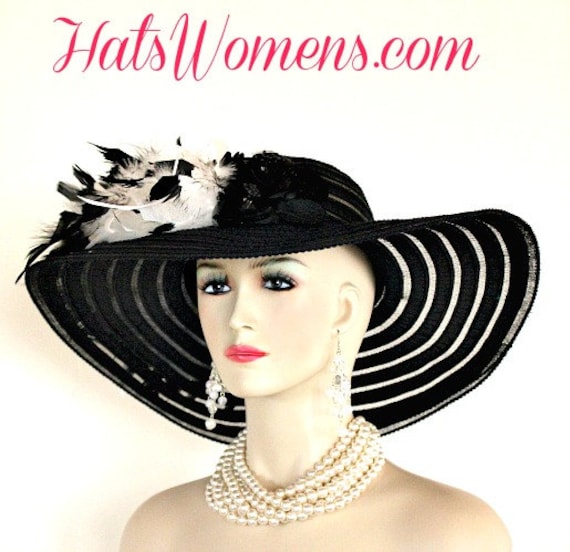 Damen Schwarz Weiß Breite Krempe Kirche Hochzeit Designer Mode Hut Federn Rosen, Kentucky Derby Hüte Damen Schwarz Weiß Breite Krempe Kirche Hochzeit Designer Mode Hut Federn Rosen, Kentucky Derby Hüte von NYFashionHats