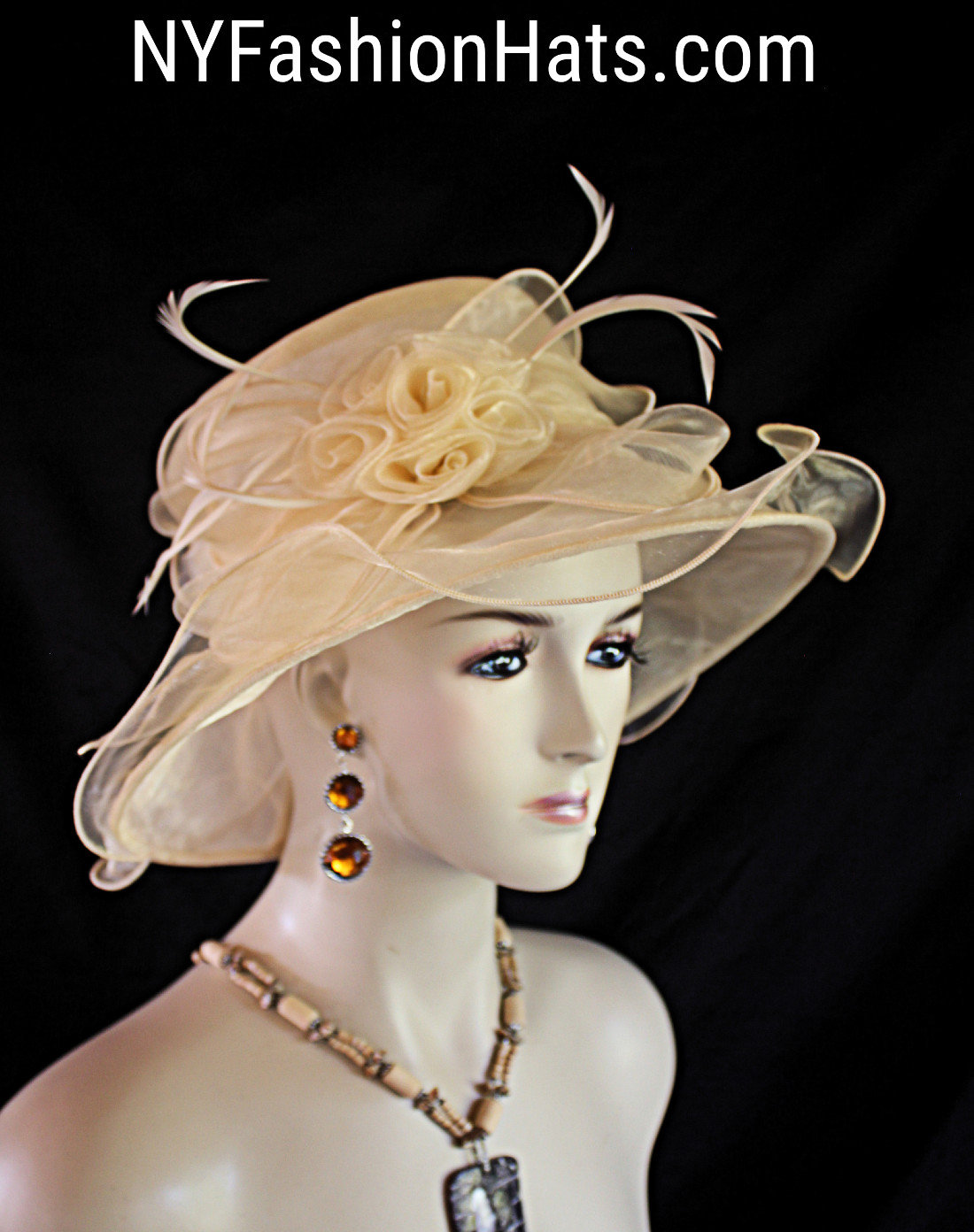 Frauen Beige Organza Rüschen Krempe Hut, Hochzeit Braut Formaler Hüte Für Pferderennen Derbys, Sabbath Hüte, Nyfashionhats Millinery, Sadie von NYFashionHats