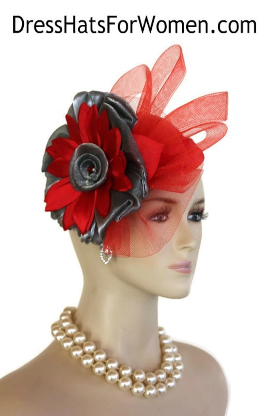 Frauen Handgemacht Rot Grau Pillbox Cocktail Hut, Hochzeit Braut Fascinator Kleid Couture Designer Hüte Für Frauen, Nyfashionhats, Dina von NYFashionHats