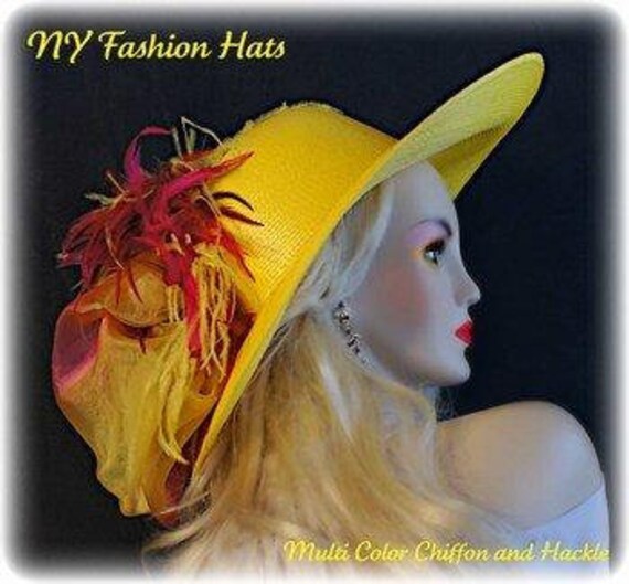 Haute Couture Luxus Straußenfeder Statement Hut, Zitronengelb Hot Pink Orange Nyfashionhats, Hüte Für Pferderennen, Denise von NYFashionHats