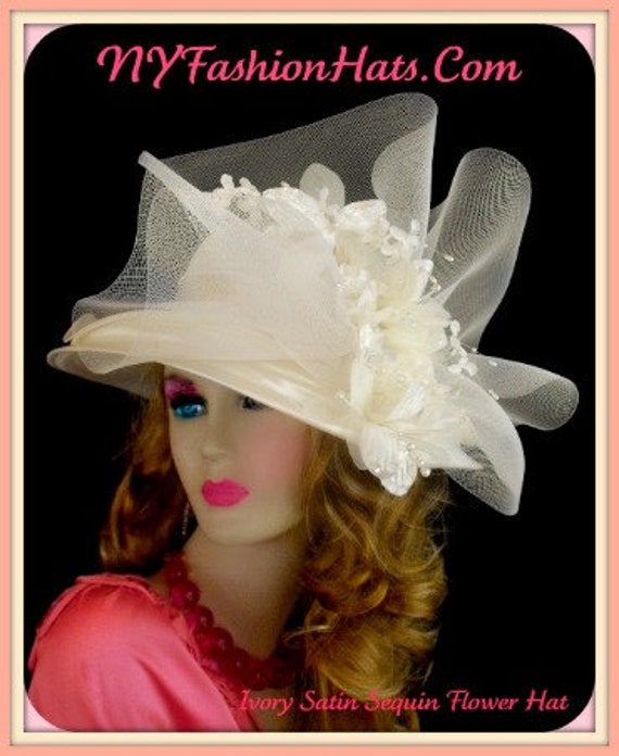 Haute Couture Statement Hut, Nyfashionhats, Frauen Elfenbein Satin Formale Kirche Hochzeit Braut Hut Blumen, Hüte Für Pferderennen von NYFashionHats