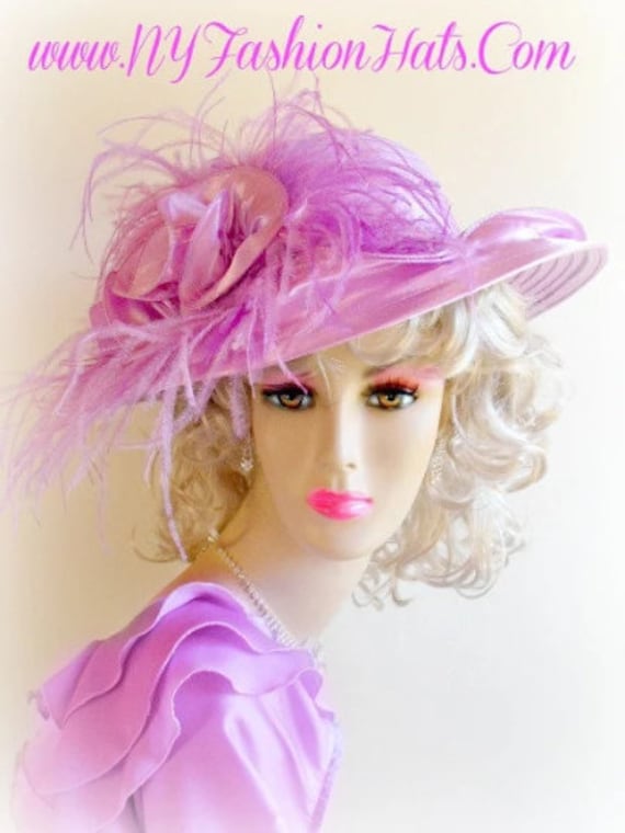 Lavendel Lila Satin Braut Hochzeit Hut, Elegante Kleid Hut Mit Federn, Hüte Für Pferderennen, Nyfashionhats, Couturedesignerhats Connie von NYFashionHats