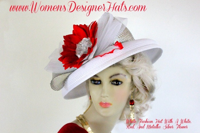 Weiß, Silber, Rot, Kentucky Derby Hat, Damen Designer-Kleidhüte von NYFashionHats