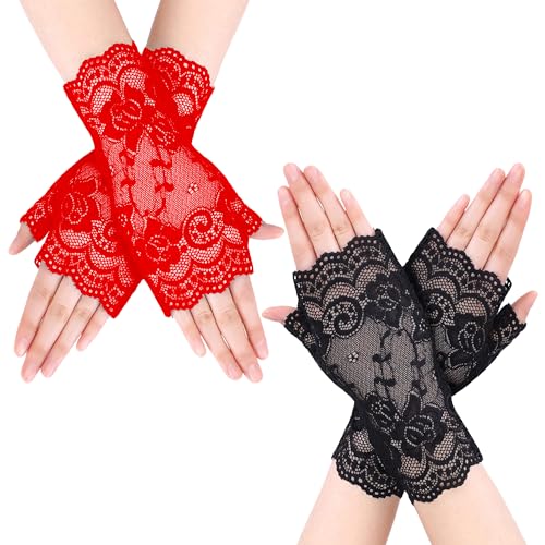 NYGGTYK 2 Paar Spitzen-Halbfingerhandschuhe, Fingerlose Handschuhe, Kurze Spitzenhandschuhe, Kreative Sonnenschutzhandschuhe, Hochzeitskleid-Zierhandschuhe (Rot, Schwarz) von NYGGTYK