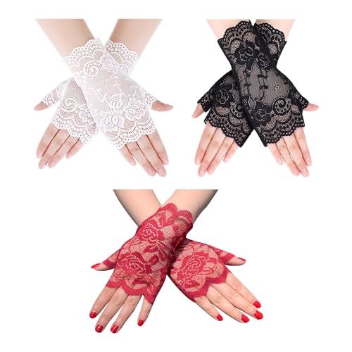 NYGGTYK 3 Paar Fingerlose Handschuhe, Spitzenhandschuhe, Halbfingerhandschuhe, Damen-Partyhandschuhe, Satinhandschuhe, Damen-Teeparty-Zubehör, Geeignet Für Hochzeit, Oper, Tanzhandschuhe von NYGGTYK