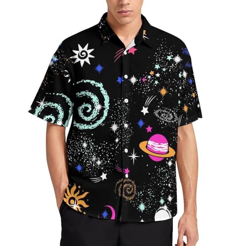 NYKVTG Galaxie-Planet Herren Hemd Kurzarm Freizeithemd Herrenhemden Sommer Strand Hawaii Hemd Mit Tasche von NYKVTG