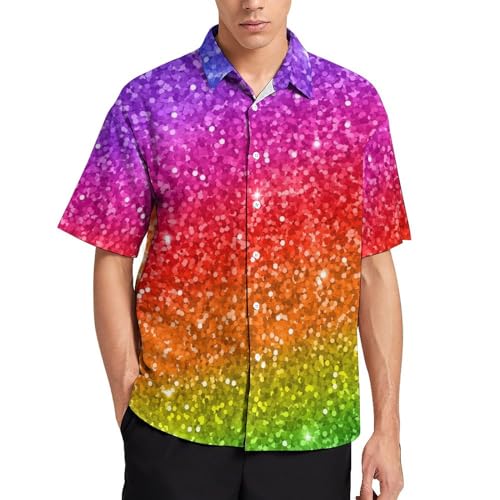 NYKVTG Glitzer-Regenbogen Herren Hemd Kurzarm Freizeithemd Herrenhemden Sommer Strand Hawaii Hemd Mit Tasche von NYKVTG