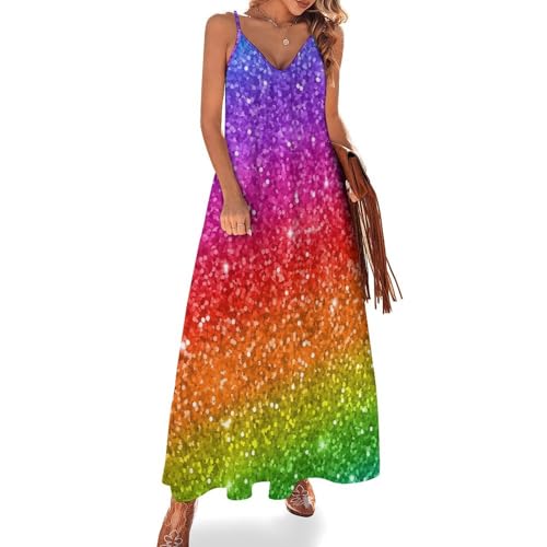 NYKVTG Glitzer-Regenbogenfarben Damen Sommerkleid Ärmellos Maxikleid Strandkleid V-Ausschnitt Lang Kleid Freizeitkleid von NYKVTG